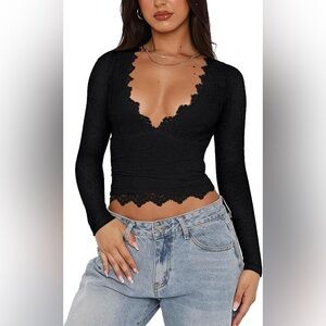 Reoria lace double lined longsleeve v neck top